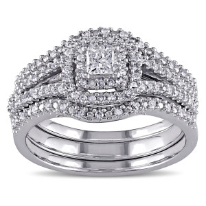 Princess and Round-Cut Diamond Bridal Set with Halo and Split Shank in Sterling Silver by Yaffie, 1/2 ct TDW.