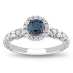 Shimmering Blue & White Diamond Halo Ring - Yaffie White Gold