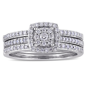 Double the Glam: Yaffie White Gold Diamond Bridal Set with 3 Rows of Dazzling 1/2ct TDW Stones and Double Square Halos.