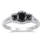 Yaffie ™ Bespoke White Gold 1ct TDW Black and White Diamond 3-Stone Halo Engagement Ring with Split Shank