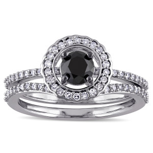 Yaffie ™ Bespoke Black and White Diamond Halo Bridal Set with 1ct Total Diamond Weight in White Gold