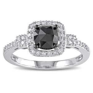 Yaffie Custom 1ct TDW Cushion-cut Black & White Diamond Halo Engagement Ring in White Gold
