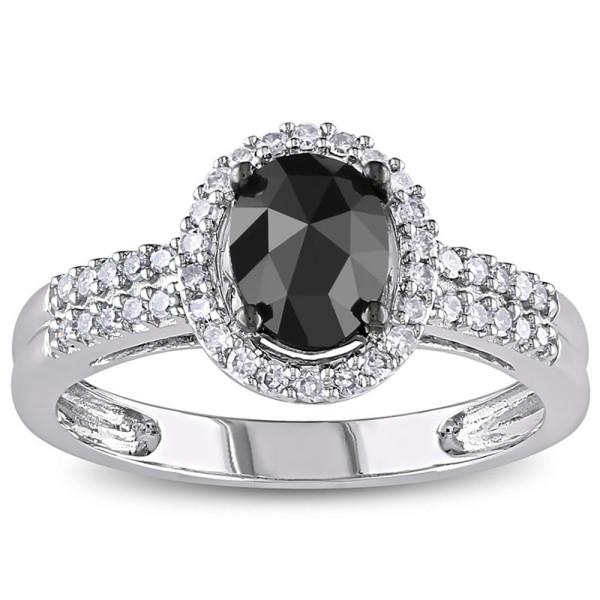 Yaffie™ Exquisite Oval Black and White Diamond Halo Engagement Ring of 1ct TDW in White Gold - Personalised Just for You