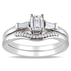 Bridal Ring Set with Three Sparkling Diamonds in White Gold by Yaffie, 0.75ct Total Diamond Weight