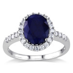 Sparkling White Gold Ring with Oval Diffused Sapphire and 2/5ct TDW Diamond Halo