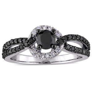 Yaffie ™ Custom Black and White Diamond Halo Interlaced Engagement Ring, 1ct TDW, with White Gold and Black Rhodium Plating