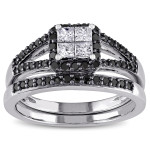 Yaffie ™ Black and White Diamond Bridal Set - Quad Split Shank design with 3/5ct Total Diamond Weight in White Gold and Black Rhodium finish, made to order with precision.