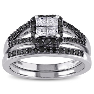 Yaffie ™ Black and White Diamond Bridal Set - Quad Split Shank design with 3/5ct Total Diamond Weight in White Gold and Black Rhodium finish, made to order with precision.