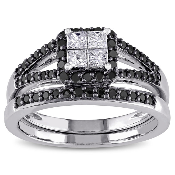 Yaffie ™ Unique 3/5ct Diamond Bridal Set in White Gold with Black Rhodium and Quad Split Shank - A Stunning Blend of Black and White.