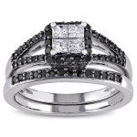 Custom Yaffie™ Black and White Diamond Split Shank Bridal Set: 3/5ct TDW, White Gold with Black Rhodium Styling.