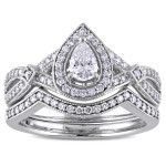 Vintage White Gold Bridal Ring Set with 5/8 CT TDW Pear and Round Diamonds in a Timeless Infinity Design by Yaffie