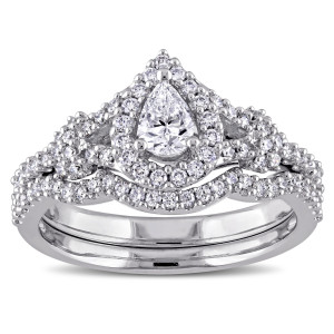 Elegant White Gold Bridal Ring Set with Sparkling Pear and Round-Cut Diamonds in Halo Split Shank Design - Yaffie 7/8ct TDW.
