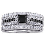 Yaffie Custom Black & White Princess-cut Diamond Bridal Set with Rhodium-Plated Sterling Silver & 1 1/6ct TDW