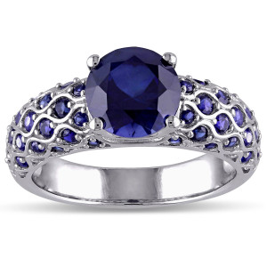 Created Blue Sapphire Engagement Ring in White Gold - Custom Made By Yaffie™