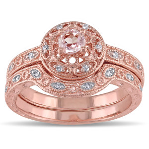 Morganite and Diamond Bridal Ring Set in Yaffie Rose-Plated Silver