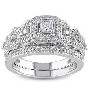 Yaffie Stunning White Gold Diamond Halo Bridal Ring Set with 1/2ct Total Diamond Weight