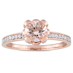 Signature Collection Rose Gold Morganite and White Topaz Flower Halo Slender Engagement Ring - Custom Made By Yaffie™