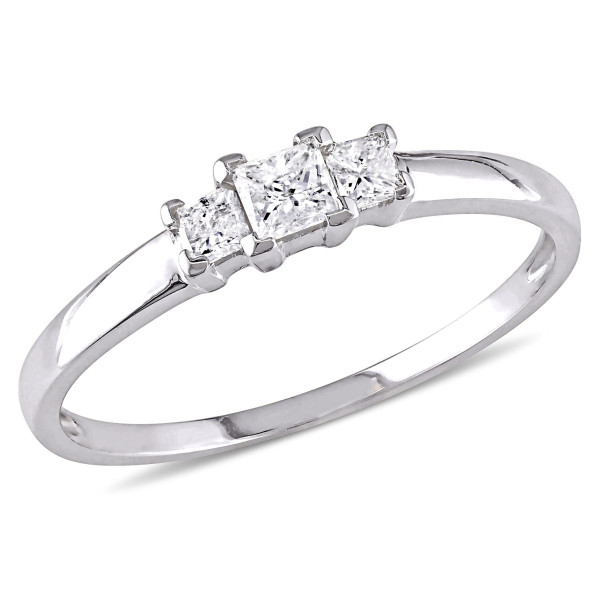 White Gold Three-Stone Engagement Ring from Yaffie Signature Collection featuring 1/4ct TDW Princess Cut Diamond