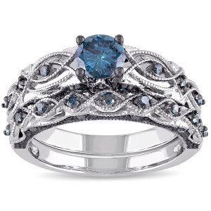 Signature Collection White Gold 1ct TDW Blue Diamond Bridal Ring Set - Custom Made By Yaffie™