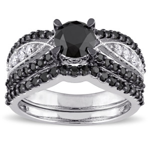 Yaffie™ Signature Collection: Black and White Diamond Bridal Ring Set with 2ct TDW in White Gold - Handcrafted to Perfection