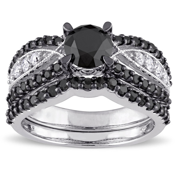 Yaffie ™ Crafted Custom Signature Collection Black & White Diamond Bridal Ring Set with 2ct TDW White Gold