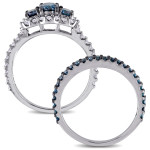 White Gold Bridal Set with 2ct Blue and White Diamond 3-Stone Design by Yaffie Signature Collection
