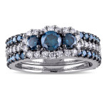 White Gold Bridal Set with 2ct Blue and White Diamond 3-Stone Design by Yaffie Signature Collection