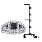 Yaffie Custom Signature Collection: Elegant White Gold 2ct TDW Princess-cut 3-stone Bridal Ring Set, Featuring Black and White Diamonds.
