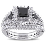 Yaffie Custom Signature Collection: Elegant White Gold 2ct TDW Princess-cut 3-stone Bridal Ring Set, Featuring Black and White Diamonds.