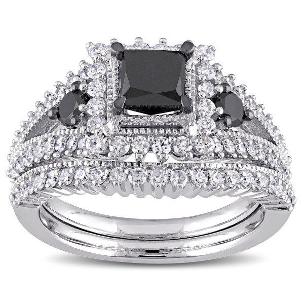 Yaffie Custom Signature Collection: Elegant White Gold 2ct TDW Princess-cut 3-stone Bridal Ring Set, Featuring Black and White Diamonds.