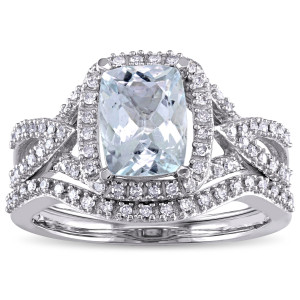Luxurious White Gold Aquamarine Bridal Set with 1/4ct TDW Diamond by Yaffie Signature Collection