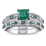 Yaffie Signature Set: Dazzling White Gold Ring with Created Emerald and 1/10ct TDW Diamond. Perfect for Brides!