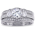 White Gold Trio: Yaffie Signature Collection with Created White Sapphire and 1/4ct TDW Diamond 3-Stone Bri