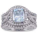 Yaffie Aquamarine Diamond Bridal Set with Cushion-cut White Gold and Halo Design