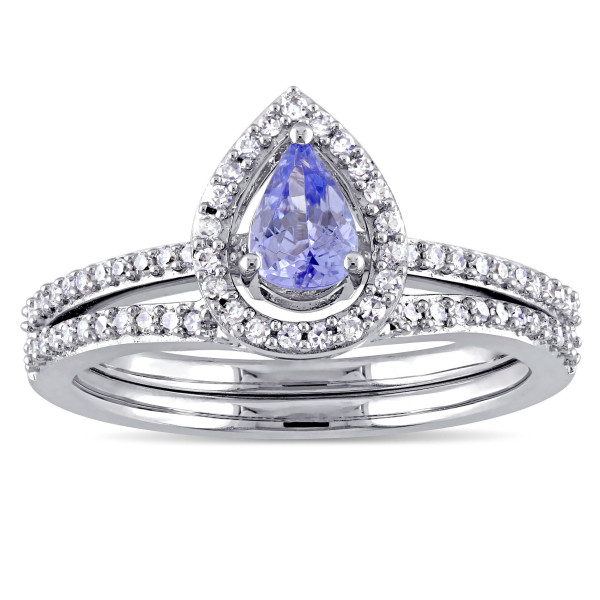 Dazzling Bridal Set with Pear-Cut Tanzanite and Diamond Halo by Yaffie Signature Collection in White Gold