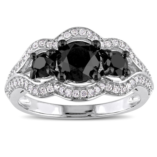 Custom Made Yaffie™ 1 3/4ct TDW Black & White Diamond 3-Stone Engagement Ring - Signature White Gold and Black Rhodium Collection