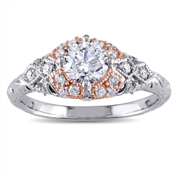 White and Rose Gold Vintage Engagement Ring with 1ct TDW Diamonds from the Yaffie Signature Collection