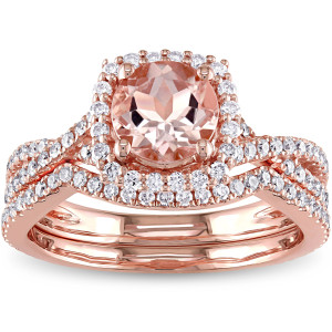 Yaffie Morganite Bridal Ring Set: Rose Gold with 3/4ct TDW Diamond Halo, A Signature Collection