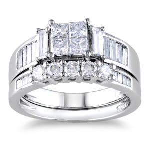 Yaffie Whimsical Collection: White Gold Princess Cut Diamond Bridal Set with 1 1/2ct Total Diamond Weight