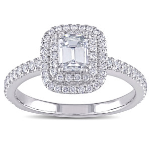 Yaffie White Gold Double Halo Engagement Ring with 1ct TDW Emerald-cut Diamond from the Signature Collection