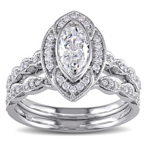 Signature Collection White Gold 1ct TDW Marquise Diamond Halo Bridal Ring Set - Custom Made By Yaffie™