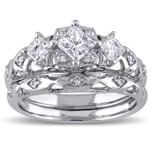 Vintage 3-Stone Bridal Ring Set with Princess-Cut 1ct TDW in Yaffie Signature White Gold
