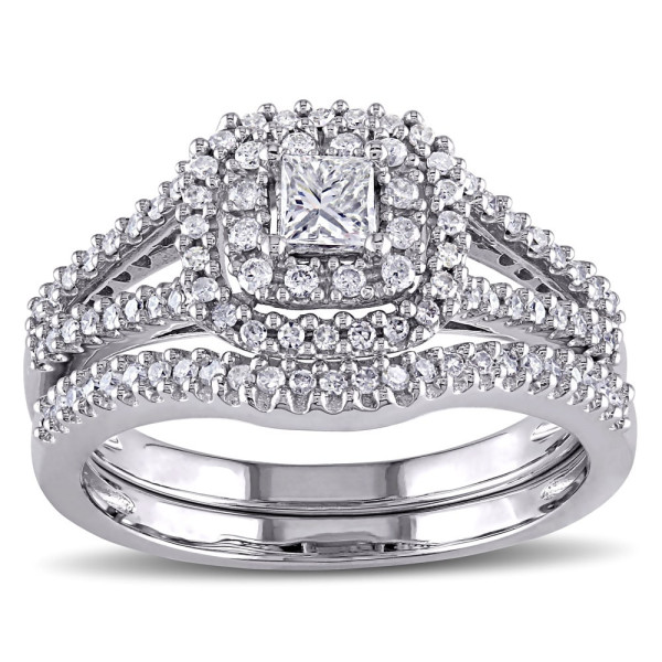 Yaffie White Gold Diamond Halo Ring Set - Certified 3/5ct TDW for a Timeless Bridal Look