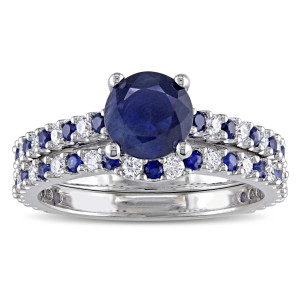 Signature Collection White Gold 3/8ct TDW Diamond and Sapphire Bridal Ring Set - Custom Made By Yaffie™