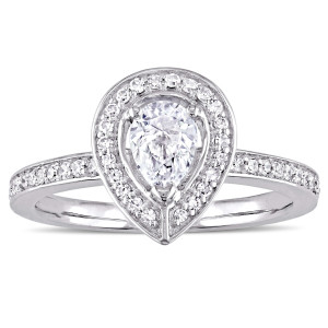 Sparkling White Gold 5/8ct TDW Diamond Halo Engagement Ring from Yaffie Signature Collection featuring Pear and Round-Cut Diamonds