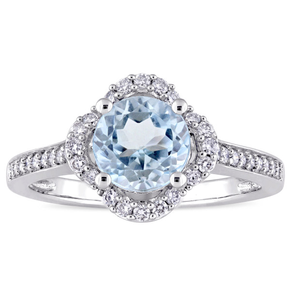 Yaffie Signature Blue Topaz & Diamond Engagement Ring, in White Gold with Quatrefoil Halo.