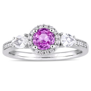 Elegantly crafted Yaffie White Gold Engagement Ring with Pink & White Sapphire and 1/8ct TDW Diamond Halo