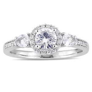 White Gold Engagement Ring with White Sapphire and Diamond Halo - Yaffie Signature Collection
