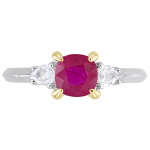 White Gold Ruby and White Sapphire 3-Stone Engagement Ring from Yaffie Signature Collection with Gold Prongs.