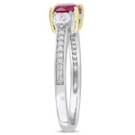 Yaffie Ruby & White Sapphire Engagement Ring with 1/10ct TDW Diamond, set in White Gold & Gold Prongs from the Signature Collection.